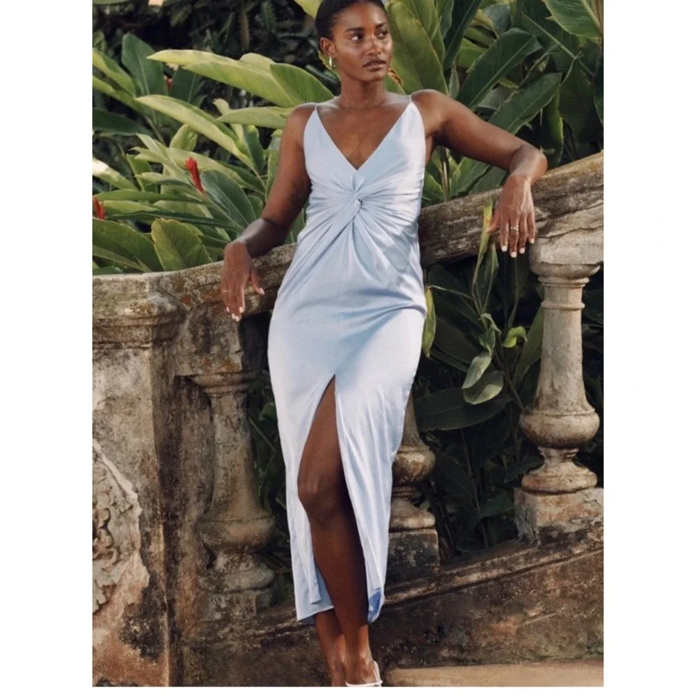 Abercrombie & Fitch | Dresses | Abercrombie Fitch Twistfront Maxi Dress Xl  Blue New Satin Vneck Slit Wedding | Poshmark